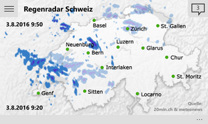 Übersichtskarte der Schweiz mit wahlweise aktuellen Regendaten, einer Animation der vergangenen Stunden oder als Kombination.