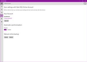 Dark RSS online account for backup and synchronization of settings