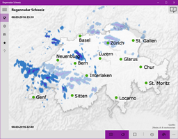 Übersichtskarte der Schweiz mit wahlweise aktuellen Regendaten, einer Animation der vergangenen Stunden oder als Kombination.