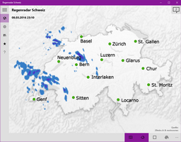 Übersichtskarte der Schweiz mit wahlweise aktuellen Regendaten, einer Animation der vergangenen Stunden oder als Kombination.