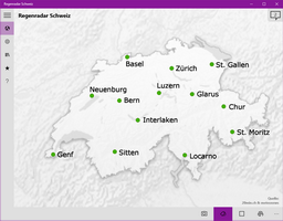 Übersichtskarte der Schweiz mit wahlweise aktuellen Regendaten, einer Animation der vergangenen Stunden oder als Kombination.